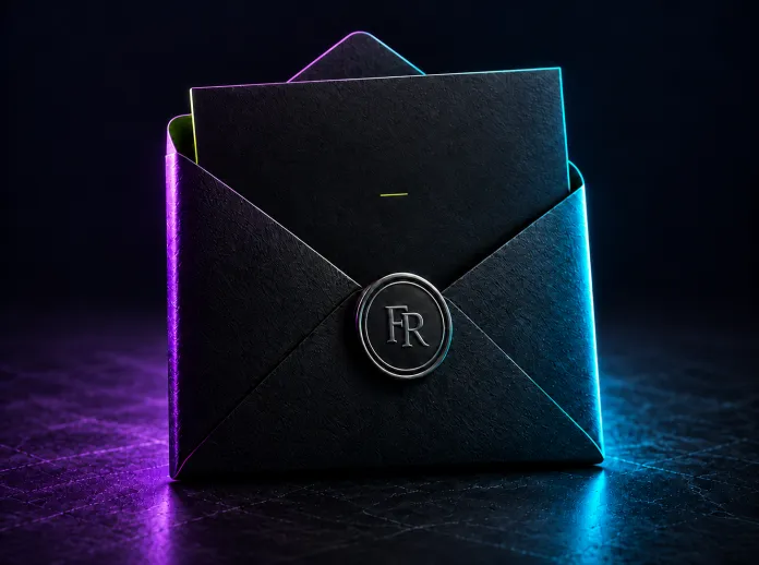 Black envelope with a silver FR seal and neon purple and blue edges, the invitation to The Founders Room