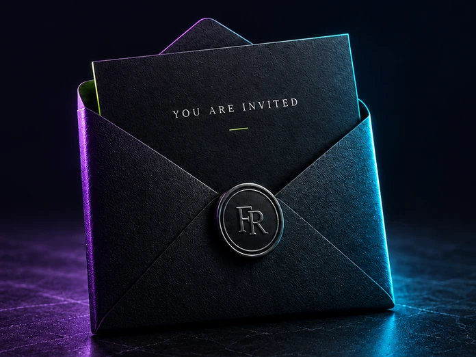 Black wax-sealed envelope reading You Are Invited with an FR seal, the invitation to The Founders Room