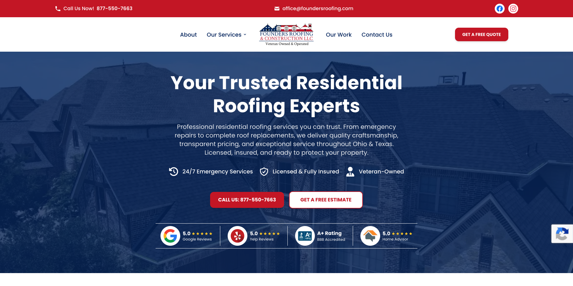 Founders Roofing desktop view